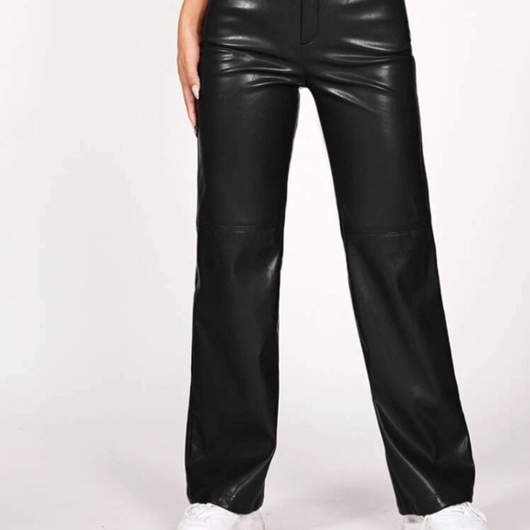 Solid PU Leather Black Straight Leg Pants - Picture 3 of 5